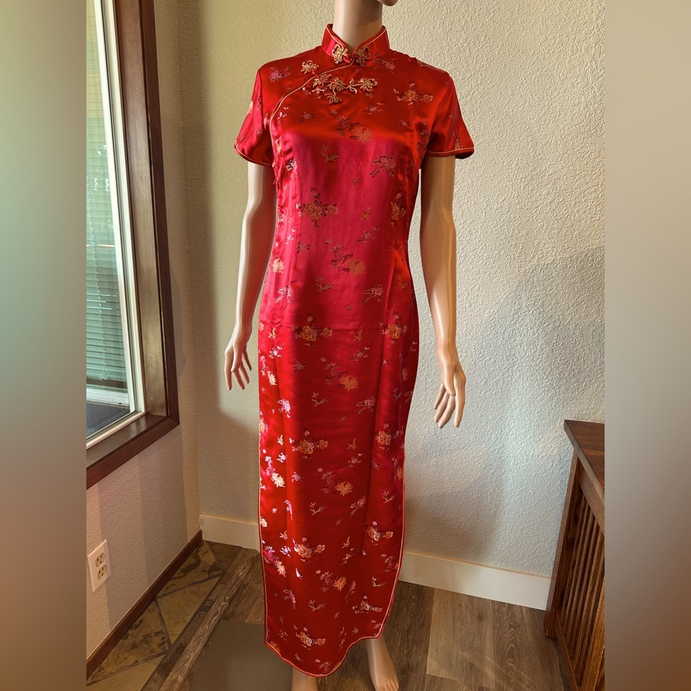 Chinese Silk Red Floral Maxi Dress